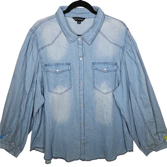 Davi & Dani Denim Chambray Puff Sleeve Top Pearl Snap Women 3XL Western Cottage - Picture 1 of 13